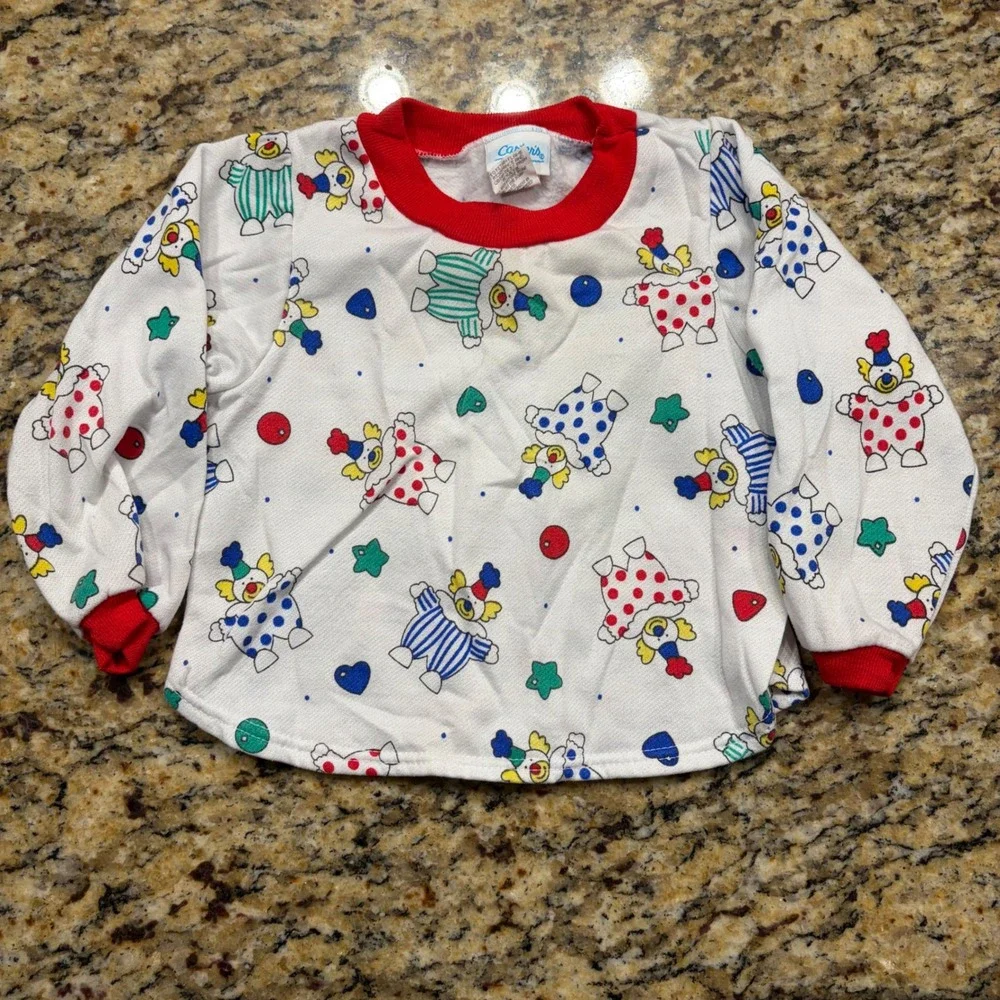 Vintage Carters Toddler Clown Print Sweatshirt Made in USA White Red 24 Months